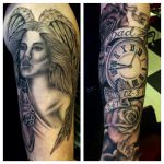 Woman, pocket watch and roses tattoo