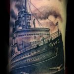 Black and grey ship tattoo